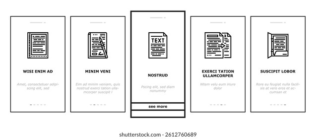 document paper file business page onboarding mobile vector. contract web, note office, form copy, message pen, agreement blank, internet write document paper file business page Illustration