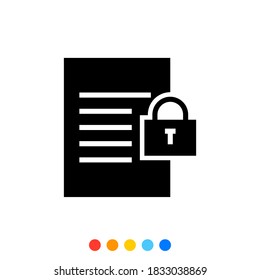 Icono de glifo de papel de documento con símbolo de bloqueo, vector e ilustración.