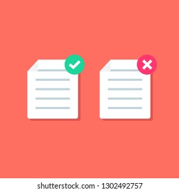 Document or Paper icon with Check mark. cross signs. Symbols YES and NO. Reject file. Accept document.