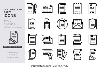 documentos e iconos de papel. Portapapeles, lista de comprobación, informe, Encuesta o Acuerdo editable iconos de contorno de trazo conjunto aislado en Ilustración vectorial plana de fondo blanco.