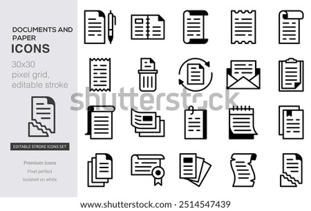 document and paper icons. Clipboard, checklist, report, survey or agreement editable stroke outline icons set isolated on white background flat vector illustration.