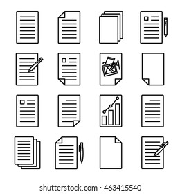 Document or paper icons. Modern line art design. For web sites, brochures, apps and others. Set of 16 variations. Vector illustration on a white background. 