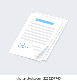 Document paper page, realistic mockup of agreement or license. White sheet with text and signature for business. Tax summary, financial report, insurance or invoice isometric flat vector illustration.