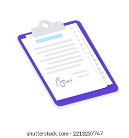 Document paper page, realistic mockup of agreement or license. White sheet with text and signature for business. Tax summary, financial report, insurance or invoice isometric flat vector illustration.