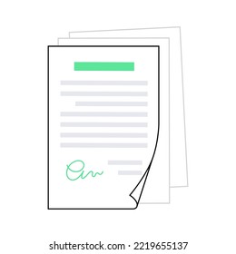 Document paper page, realistic mockup of agreement or license. White sheet with text and signature for business or education. Tax summary, financial report, insurance or invoice vector illustration.