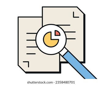 Document paper and retro styled 90s design magnifying glass, lens, loupe, scrutiny to business analysis, audit, research concept on white background flat vector illustration.