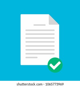 Document paper sheet  page with claim form, check mark tick, text icon sign vector illustration. Symbol of doc confirmation, delivery, verification flat design concept isolated on blue background.