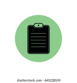 Document paper vector icon. Notes illustration. Green button. Green circle