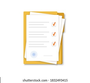 Document papers. Contract with stamp. Agreement. Checklist. Vector flat design.