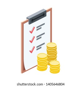 Document Payment List. Money Coins Check Mark. Vector 3d Isometric Color Icon New Flat Style. Creative Illustration, Idea For Infographics.