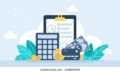 Document of payment, tax. Check, contract. Budget planning calculator, bill payment abstract metaphor, tax credit, bank account. Flat illustration. Abstract business concept vector illustration set.