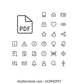Document pdf format icon in set on the white background. Universal linear icons to use in web and mobile app.