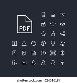 Document PDF icon in set on the black background. Universal linear icons to use in web and mobile app.