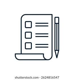 Documento, caneta. Relatório de conceito, fatura, lista de verificação. Ícone linear de vetor isolado no plano de fundo branco.