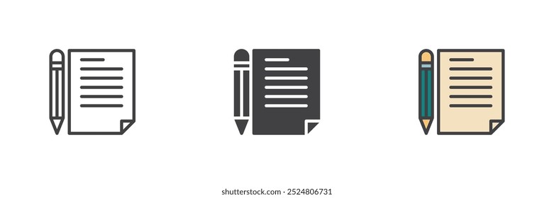 Dokument und Stift unterschiedliche Stil Symbol Set. Linie, Glyphe und gefüllte Kontur bunte Version, Kontur und gefüllte Vektorzeichen. Symbol schreiben, Logo-Illustration. Vektorgrafiken