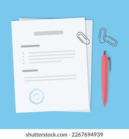 Document with pen in a flat design. Contract document with stamp