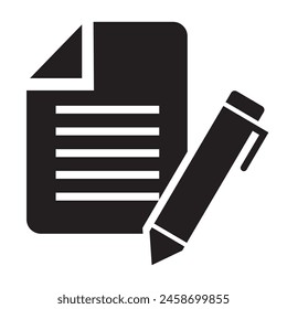 Document with pen, form icon. glyph version, Sheet of paper and pencil filled vector sign. full pictogram. Symbol, logo.