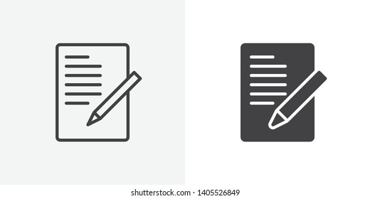 Document with pen, form icon. line and glyph version, Sheet of paper and pencil outline and filled vector sign. linear and full pictogram. Symbol, logo illustration. Different style icons set