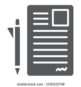 Document and pen glyph icon, office and paper, sign form sign, vector graphics, a solid pattern on a white background, eps 10.