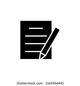 Document with pen icon in black flat design on white background, Sheet of paper and pencil outline and filled vector sign, linear and full pictogram, Symbol, logo illustration