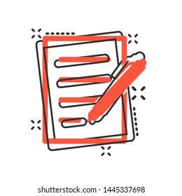 Document with pen icon in comic style. Notepad vector cartoon illustration on white isolated background. Office stationery splash effect business concept.