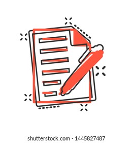 Document with pen icon in comic style. Notepad vector cartoon illustration on white isolated background. Office stationery splash effect business concept.