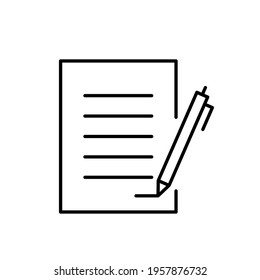 Document with pen icon. Contract symbol. Notebook sign. Signed information. Notepad isolated on white. Vector illustration.	