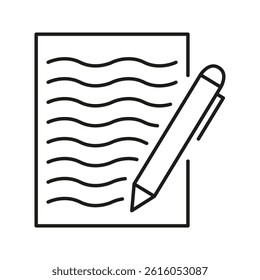 Document With Pen Line Icon. Writing, Note-Taking, And Documentation Outline Symbol. Creative Expression And Communication. Editable Stroke. Isolated Vector Illustration.