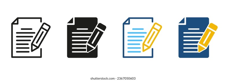 Documento con línea de lápiz y conjunto de iconos de silueta. Colección de símbolos de contrato comercial. Pictograma de color y negro de la página de archivos. Firma en el formulario de solicitud. Informe de datos. Ilustración de vectores aislados.