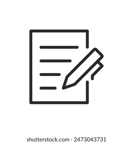 Document with pen, linear style icon. writing or editing a document. Editable stroke width