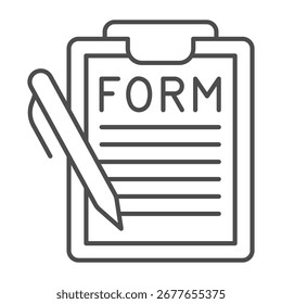 Documento com ícone de linha fina caneta na área de transferência, conceito de teste de alunos. Gráficos vetoriais. Caneta e sinal de formulário de aplicativo no fundo branco, ícone de estilo de estrutura de tópicos para design móvel ou web