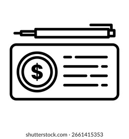 Ein Dokument mit einem Stift oben und einem Dollarzeichen.Funktion: Zeigt das Ausfüllen von Formularen, die Registrierung, Kreditanträge, Verträge oder Finanztransaktionen an.