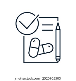 Documento, pluma, tabletas. Concepto para una receta de medicina. Icono lineal de Vector aislado sobre fondo blanco.