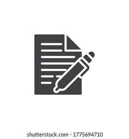 Document with pen vector icon. filled flat sign for mobile concept and web design. Contract document signing glyph icon. Symbol, logo illustration. Vector graphics