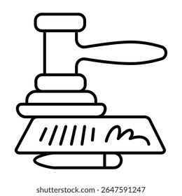 Document with pen and wooden gavel thin line icon, family lawyer concept. Vector graphics. Signed contract and judge hammer sign on white background, style mobile or design