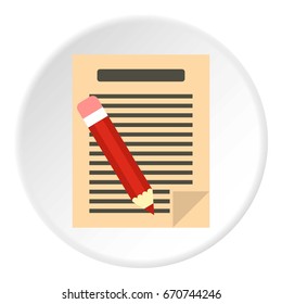 Document with pencil icon in flat circle isolated vector illustration for web
