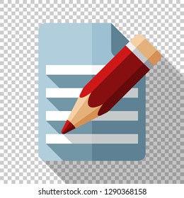 Document and pencil icon in flat style with long shadow on transparent background