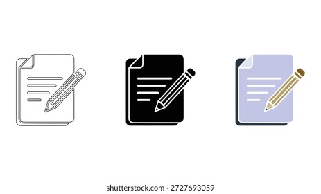 Línea de conjunto de iconos de lápiz de documento, estilos sólidos y coloridos para editar y revisar el papeleo
