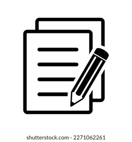 Document with pencil icon vector illustration. Test vector icon. Stock illustration.