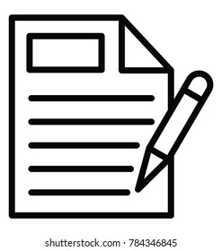 Un documento con lápiz, icono de línea delgada de escritura de contenido