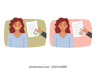 Document with permission or prohibition near woman who received notice from tax department. Girl smiles after receiving positive answer and is upset because of document with refutation