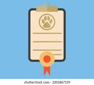 Documento para mascota. Papas de perro o gato. Certificado médico para viajar con el diseño del logo del perro o del gato. Diseño e ilustración del vector de signo de recompensa de mascotas.
