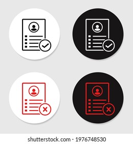 Document with photo profile icon. Paper icon. Check mark. Accept and reject file. Worksheet. Illustration vector