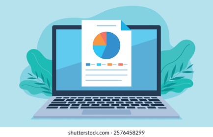 Document with pie chart data on laptop screen. Pie chart is divided into 4 colors: blue, light blue, orange, pink. Vector illustration in flat style.