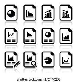 Document with pie chart, graph icons set