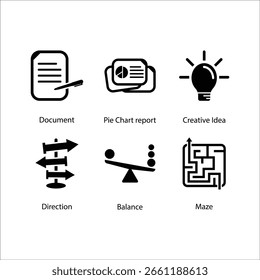 Documento, Relatório de Gráfico de Pizza, Ideia Criativa, Direção, Equilíbrio, Labirinto, ícone