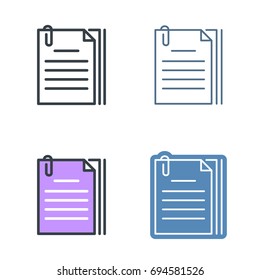 The document pile with paperclip outline icon set. Office supply line symbols. Sheets and clip linear pictograms. Vector thin contour infographic elements. Illustrations for web design, presentations.