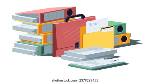 Document pile. Stacked paper sheets, messy office stationary with paper folder, chaotic paperwork. Vector isolated set of office paperwork, stack work messy illustration