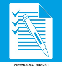 Document with plan and pen icon white isolated on blue background vector illustration