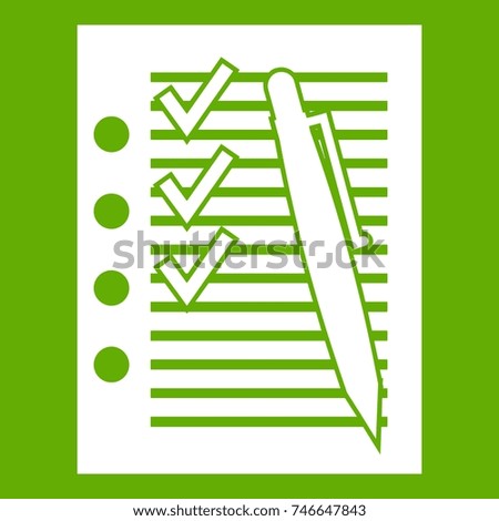 Document with plan and pen icon white isolated on green background. Vector illustration